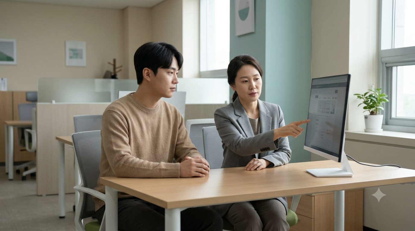 한국의 고용센터 상담 창구에서 20대 구직자가 상담사와 모니터를 보며 이야기하고 있습니다. 생성형 AI로 만든 이미지입니다.